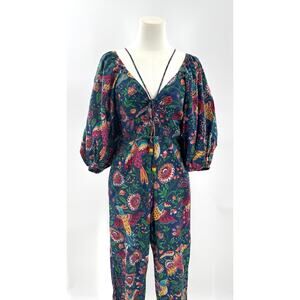 Farm Rio Tropical Birds Pantsuit Jumpsuit Blue Puff Sleeve Floral Cotton Medium